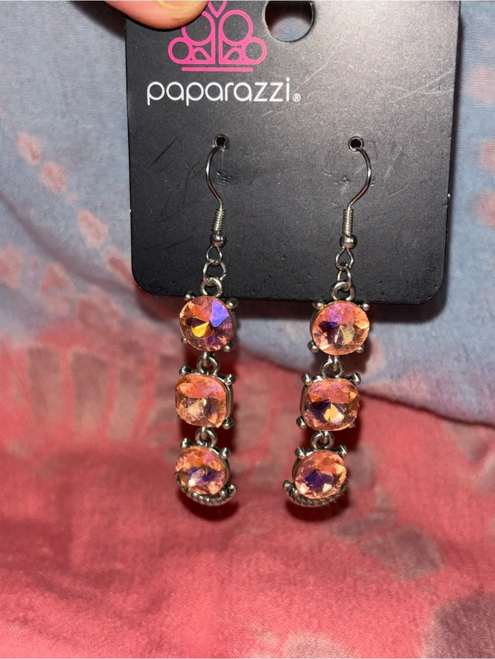 paparazzi Peach Iridescent Triple-Drop Crystal Earrings